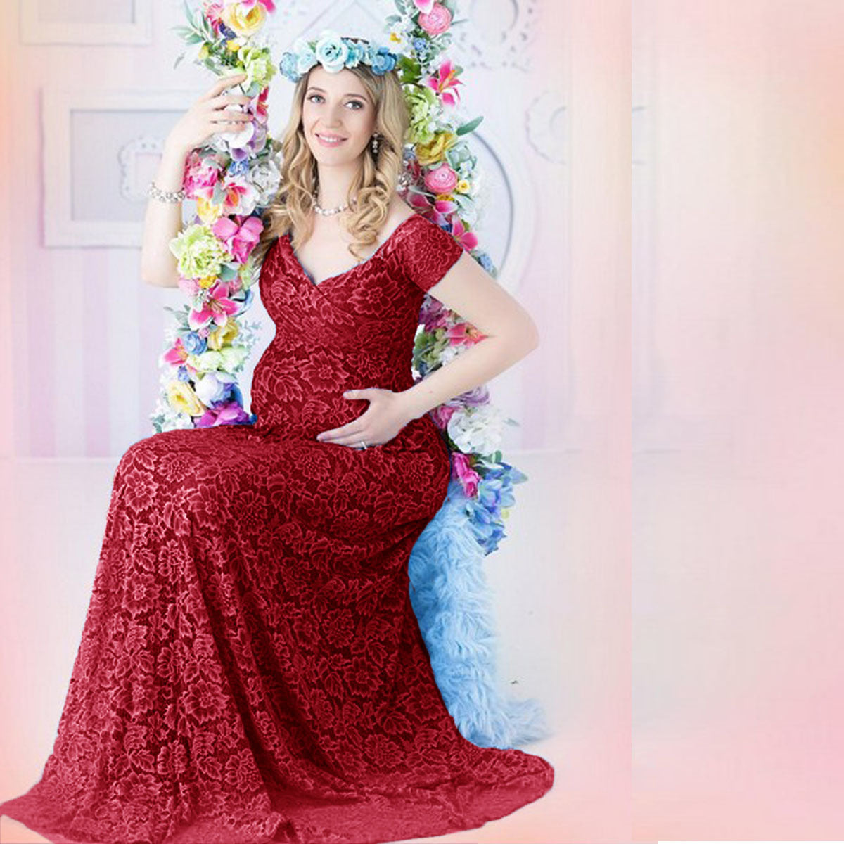 Maternity long-tail lace dress in red, perfect for special occasions.
