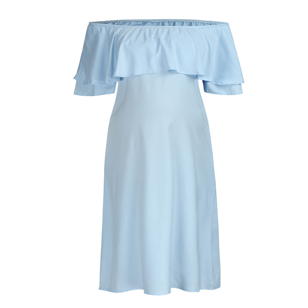 Maternity dress with shoulder flounce in light blue, ideal for baby showers and photoshoots.