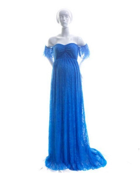 Korean-style lace maternity dress, one-shoulder, elegant blue, perfect for photoshoots and occasions.