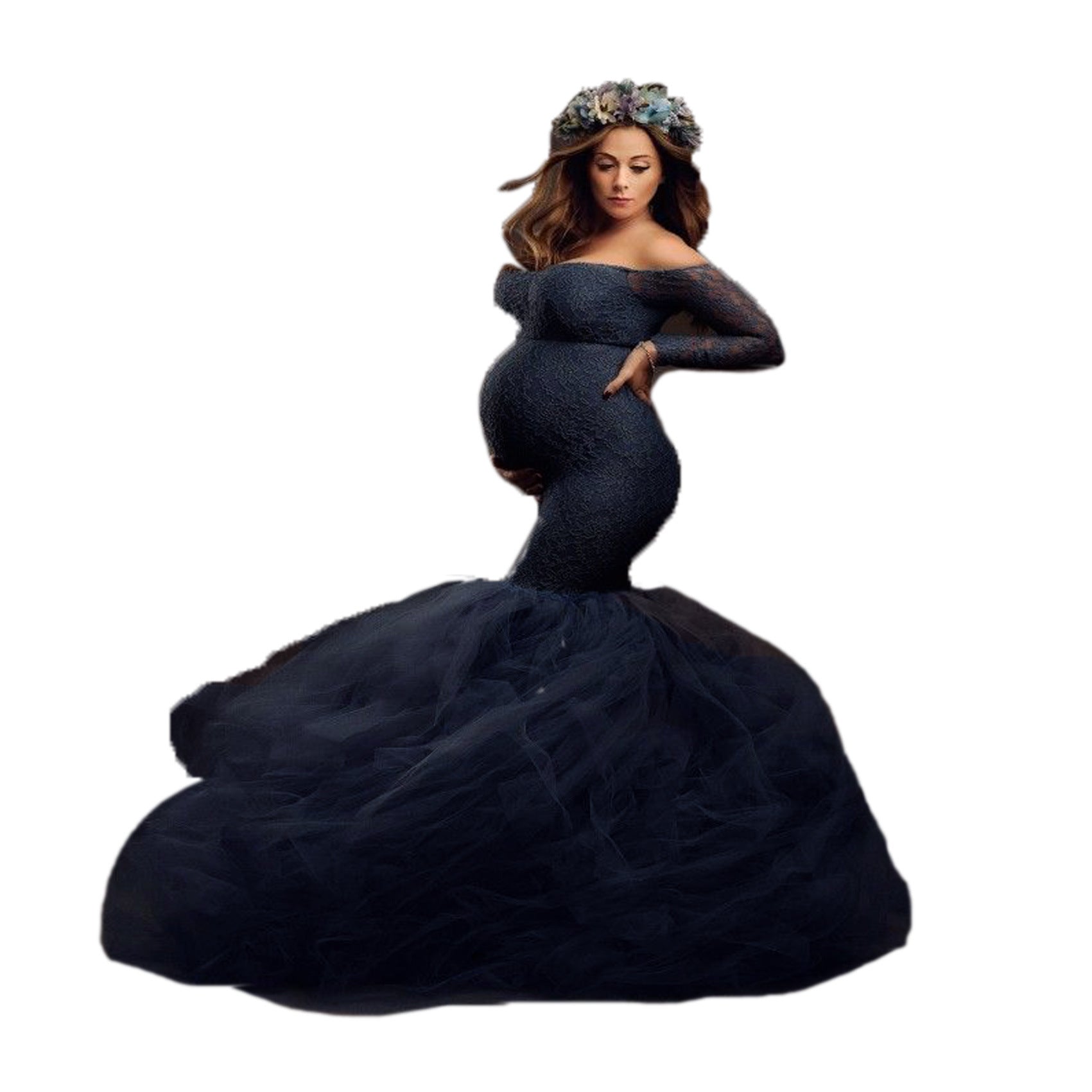 Maternity Mesh Lace Dress with elegant tailing and long sleeves, perfect for photoshoots and events.