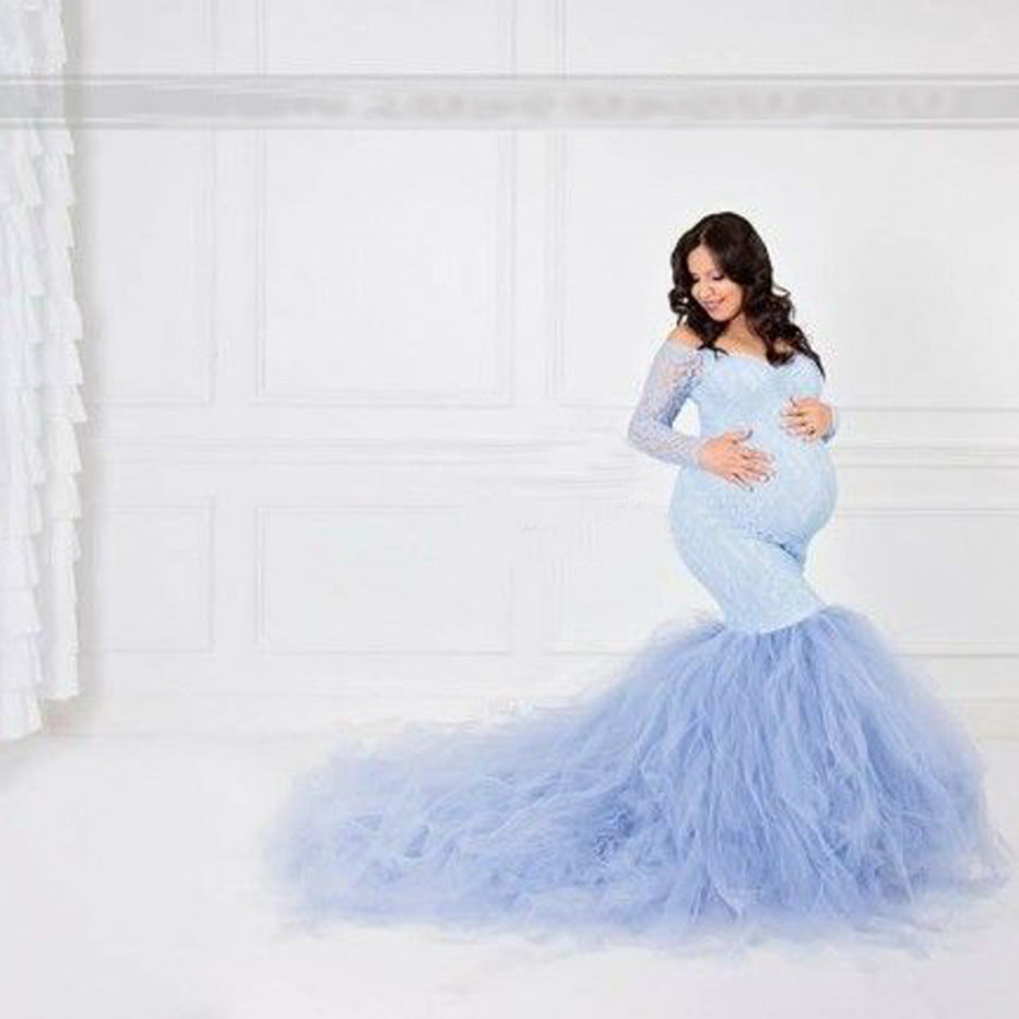 Elegant maternity mesh lace dress with long sleeves, soft fabric, and flowing tailing, ideal for photoshoots and special events.