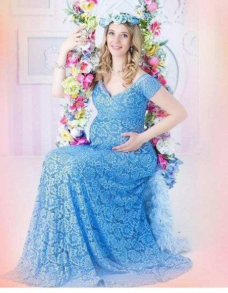 Maternity Long Tail Lace Dress in blue, ideal for photoshoots and special occasions.