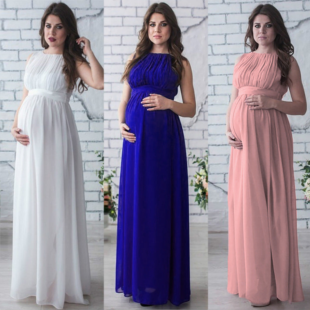 Elegant maternity maxi chiffon gown in white, blue, and peach, perfect for baby showers and special occasions.
