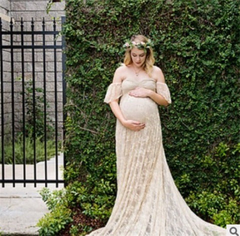 Korean-style one-shoulder lace maternity dress with a floral crown.