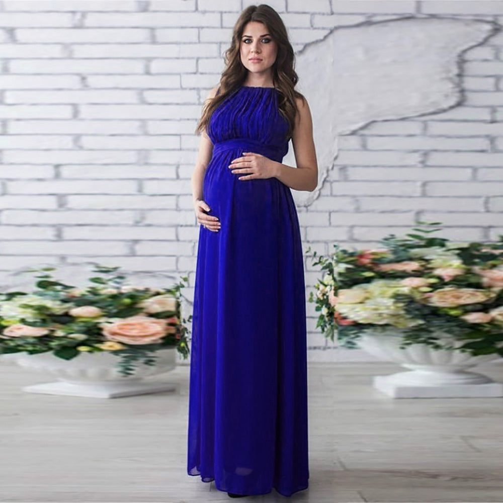 Maternity chiffon gown in royal blue, perfect for baby showers and special occasions.