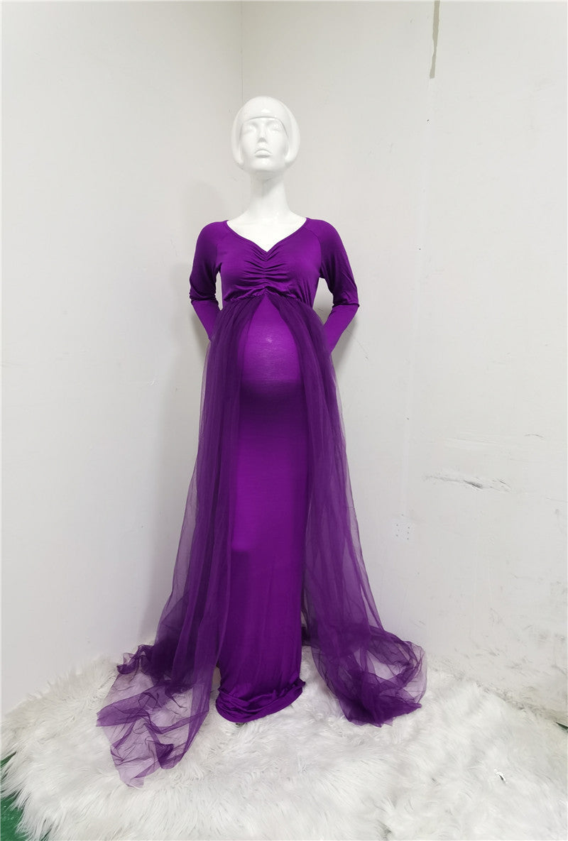 Maternity stretch mesh cotton dress in purple, showcasing baby bump, ideal for photoshoots.
