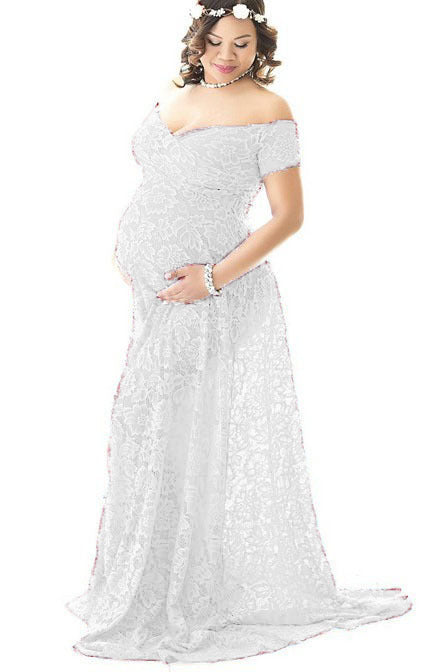 Maternity long tail lace dress, short-sleeved, perfect for photoshoots and baby showers.