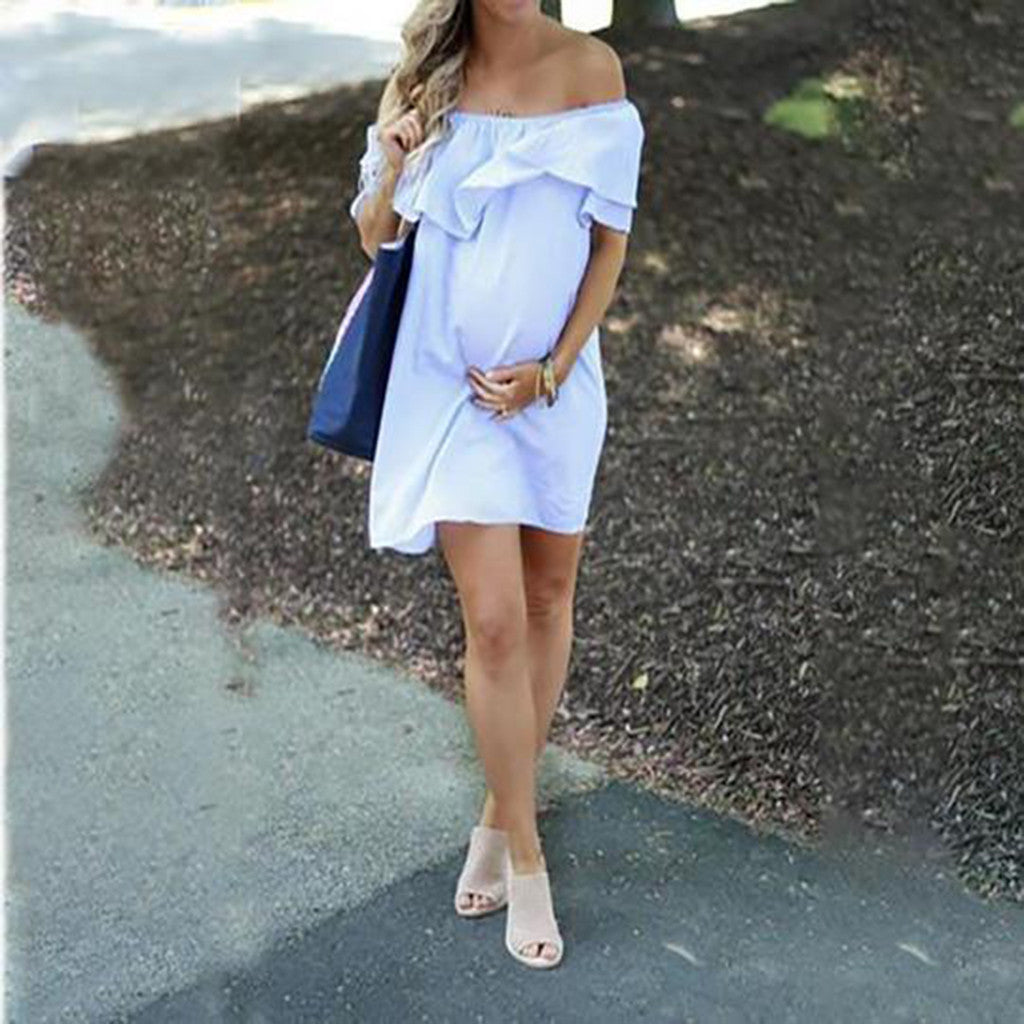 Maternity dress with shoulder flounce, stylish and elegant for baby showers and photoshoots.