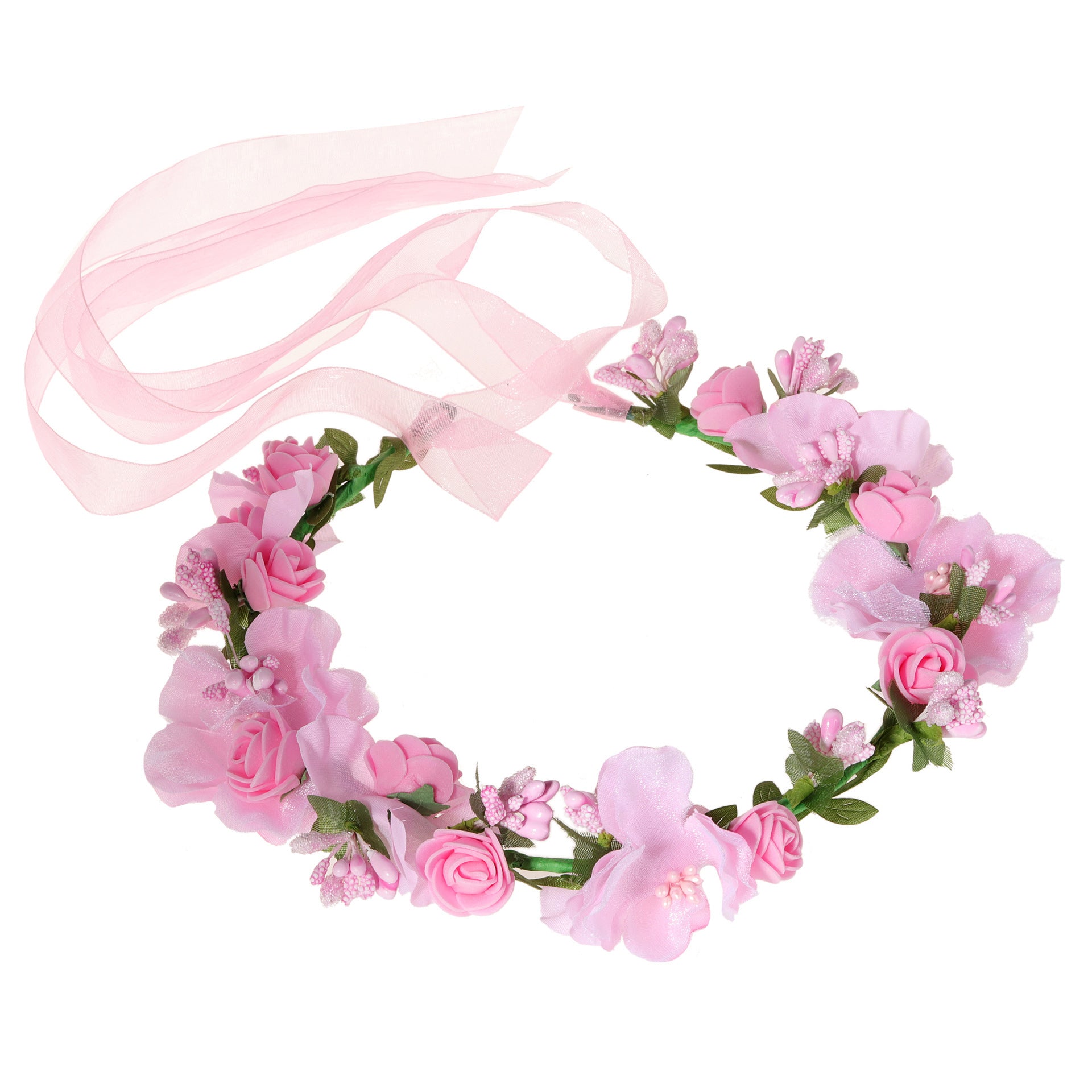 Pink flower garland headdress with ribbons for maternity occasions.